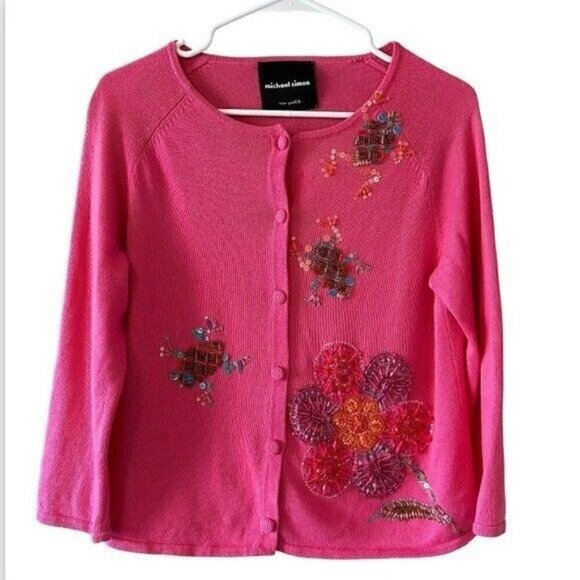 VTG Michael Simon Sequin Beaded Embellished Pink Cardigan Sweater SZ Small - Picture 1 of 6